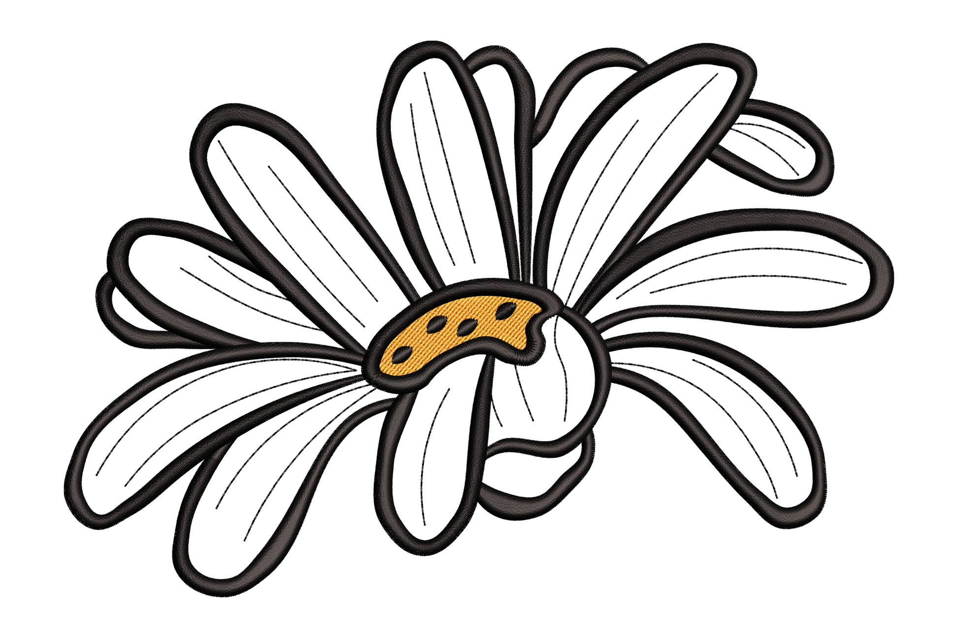 Abstract daisy flower embroidery design with open irregular line-art petals and small orange textured centre.
