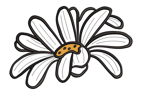 Abstract daisy flower embroidery design with open irregular line-art petals and small orange textured centre.