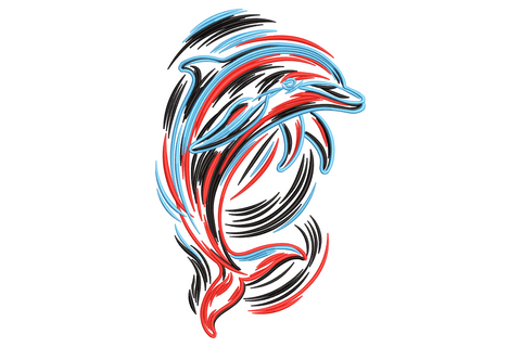 Abstract dolphin embroidery design with overlapping black, red and sky blue brushstrokes shaped into a leaping dolphin.