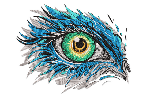 Abstract eye embroidery design with green iris, golden ring, and cobalt blue spike rays radiating outward.