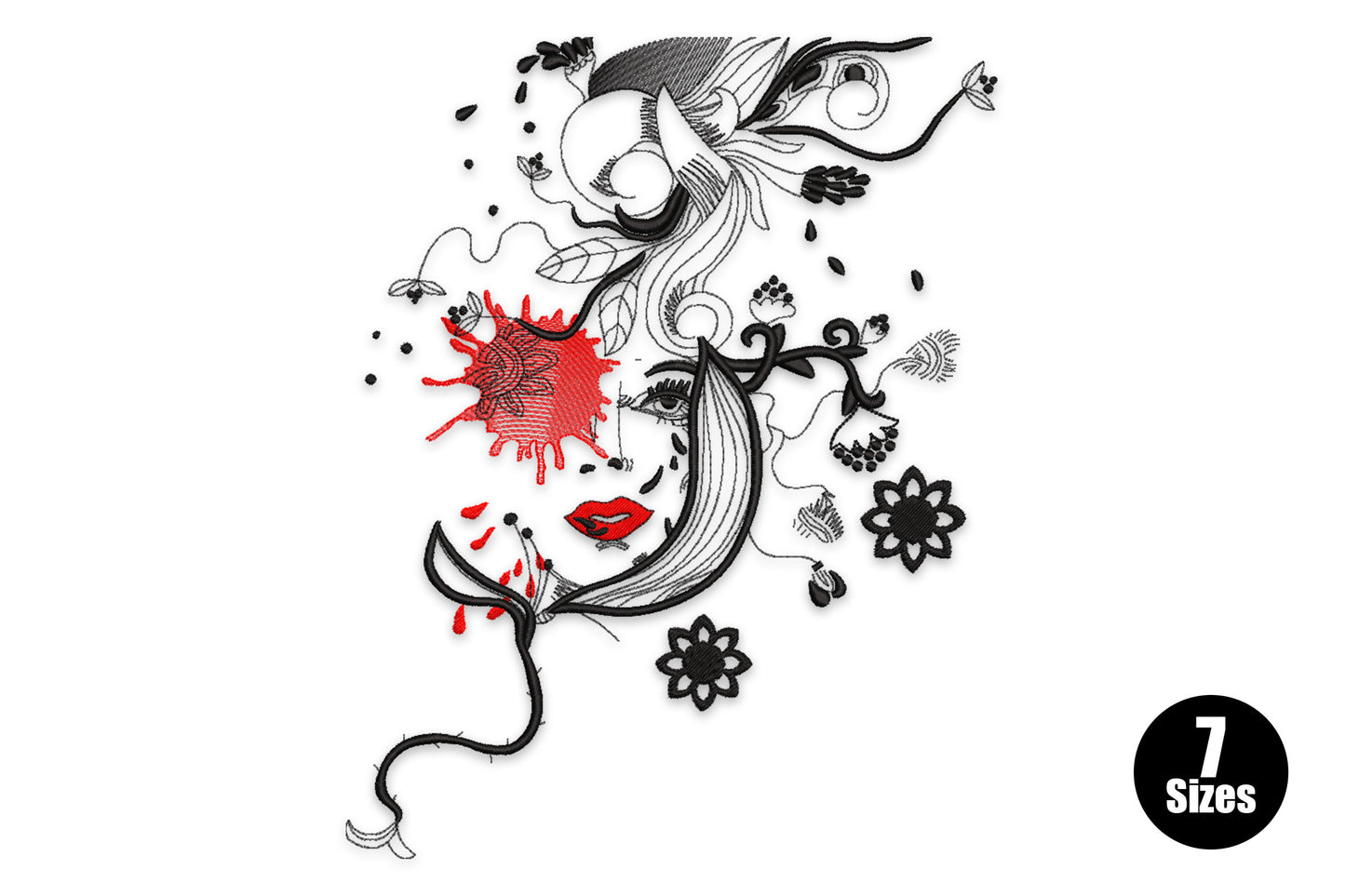 Abstract face girl embroidery design with dense black linework, flowing botanical hair, red lips and starburst flower medallions.