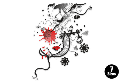 Abstract face girl embroidery design with dense black linework, flowing botanical hair, red lips and starburst flower medallions.