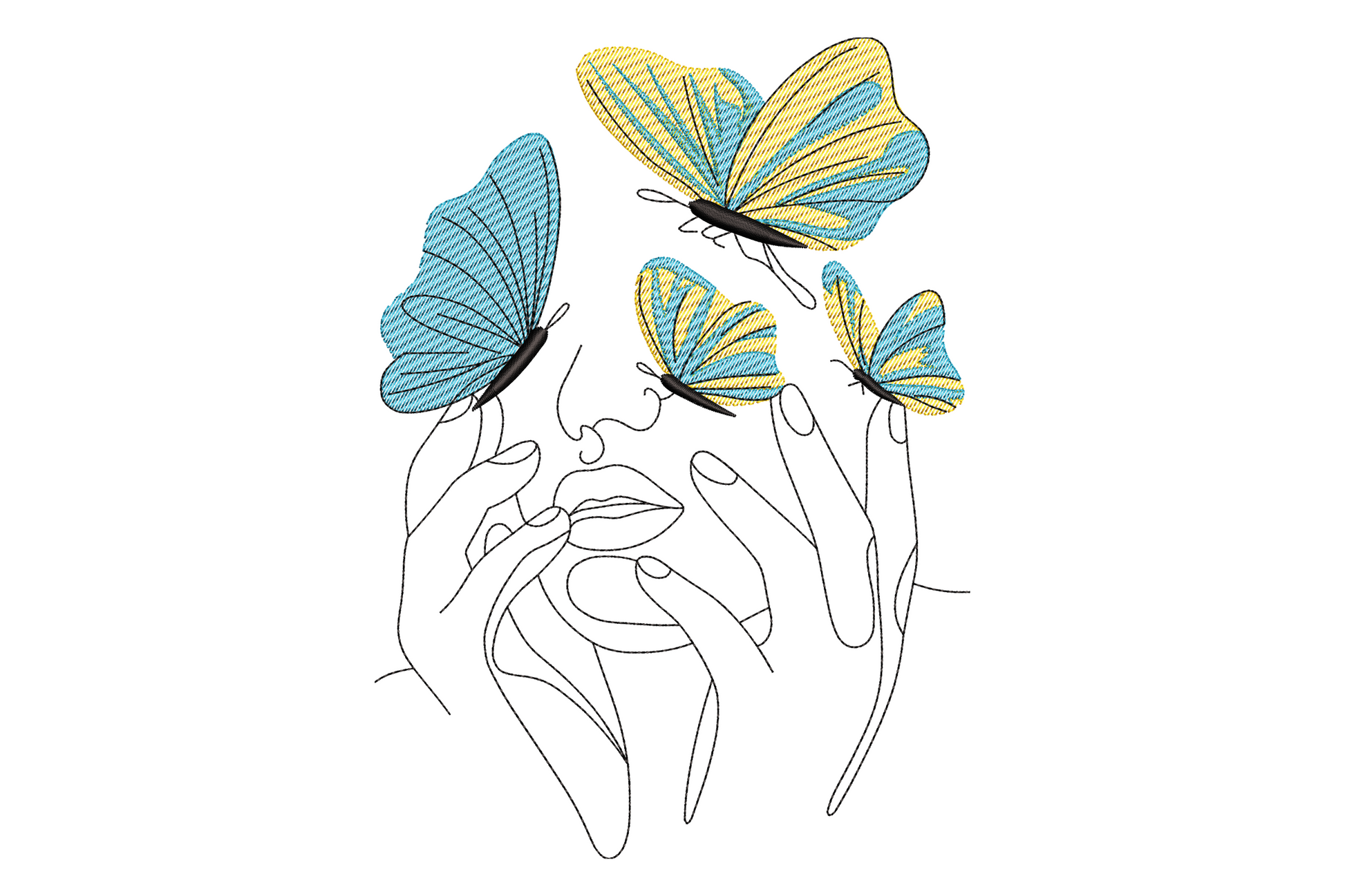 Abstract face with butterflies embroidery design, gestural line art portrait with gold and teal butterfly wings, 3 colors