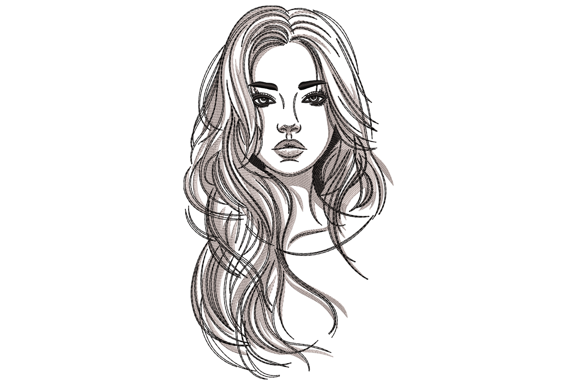 Abstract female portrait embroidery with loose flowing wavy hair in grey and black satin column stitch lines, fashion illustration style.