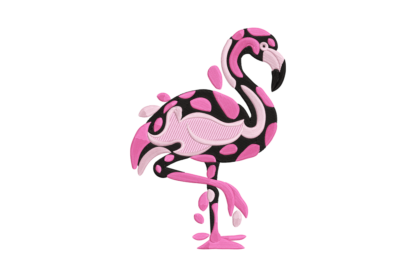 Abstract geometric flamingo embroidery design in coral and black, angular modern style, 5 sizes 3.51-7.51 inches wide