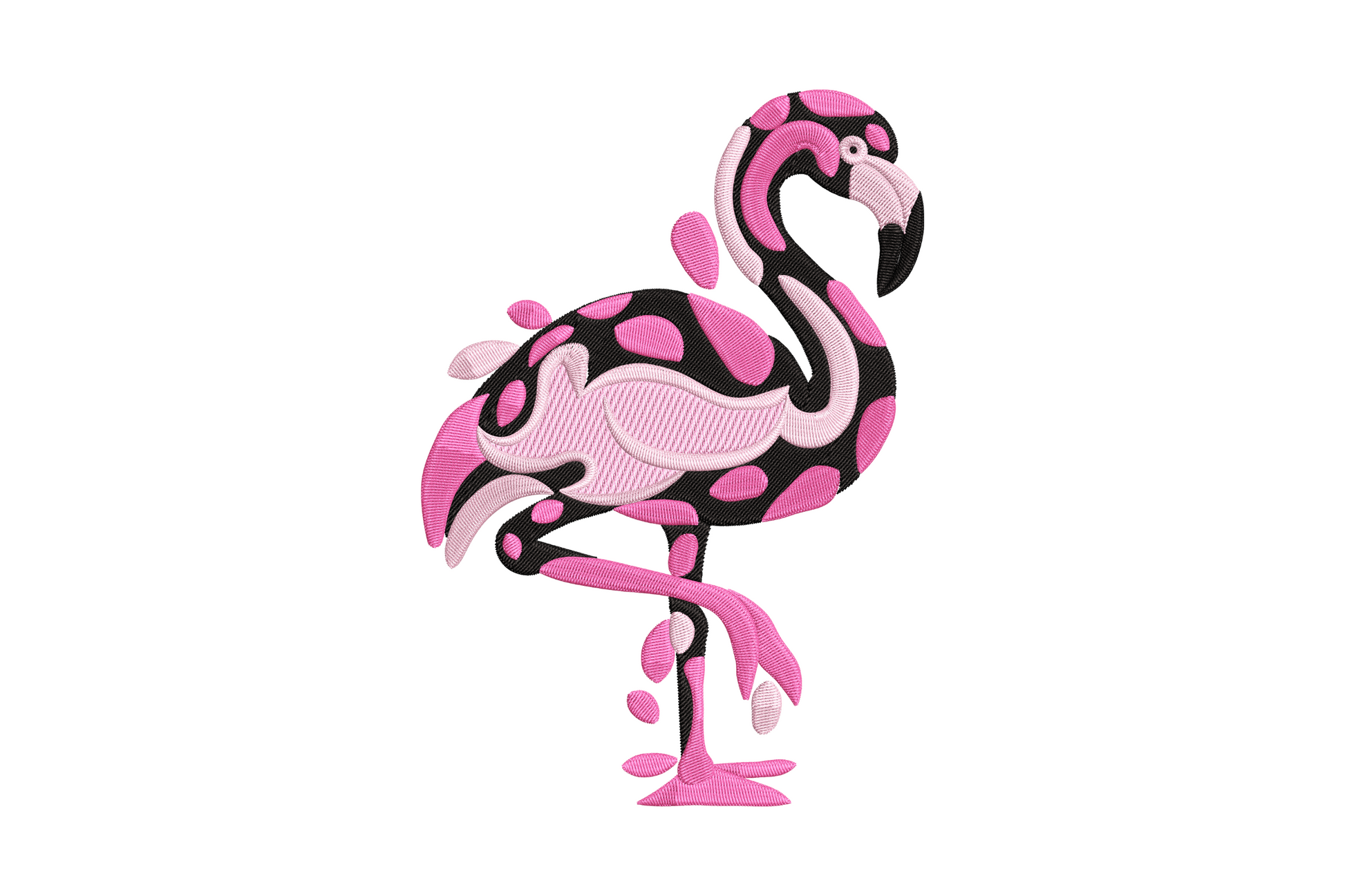 Abstract geometric flamingo embroidery design in coral and black, angular modern style, 5 sizes 3.51-7.51 inches wide