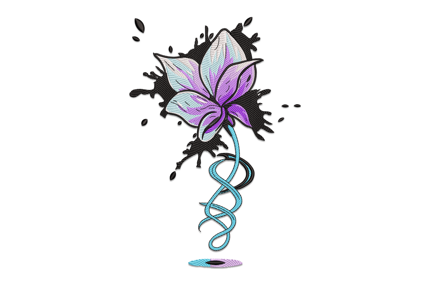Abstract floral splash embroidery design with purple blue layered petals, spiky burst halo and spiralling teal stem