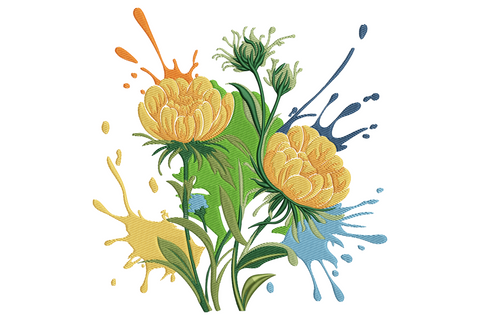 Abstract floral splash embroidery with golden chrysanthemum blooms on a stem surrounded by teal and orange ink-drip splatter marks.