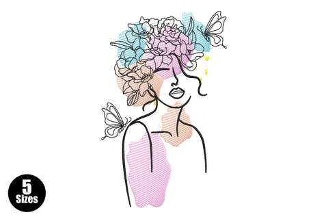 Abstract girl portrait embroidery design with single-line art face, peony flower crown, outline butterflies and pastel colour-wash patches.