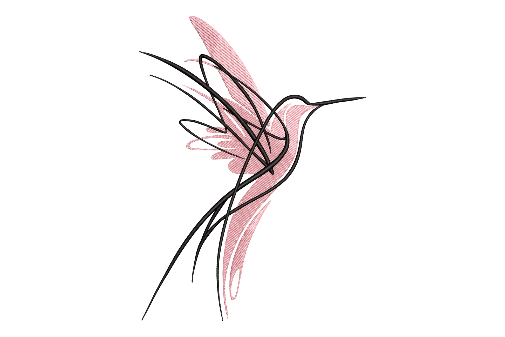 Abstract hummingbird embroidery with flowing black continuous line art body and soft blush pink satin wing fill, minimalist style.