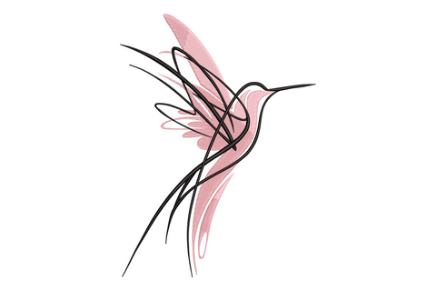 Abstract hummingbird embroidery with flowing black continuous line art body and soft blush pink satin wing fill, minimalist style.