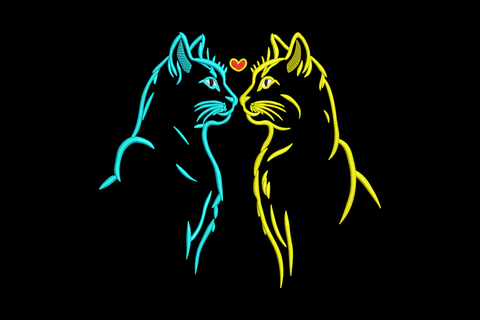 Abstract love cats embroidery design showing two cats nose-to-nose in cyan and yellow with a red heart between them
