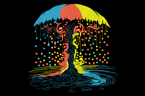 Abstract rain umbrella embroidery, psychedelic tricolor umbrella in cyan, red and yellow above a surreal twisted tree trunk with neon droplets.