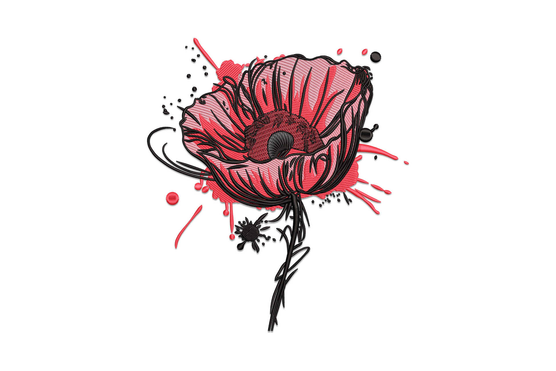 Abstract red poppy flower machine embroidery design with bold crimson petals and near-black radiating centre detail, graphic botanical style