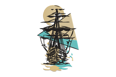Abstract sailing ship embroidery with sketchy black linework, sandy gold sun circle and flat teal geometric sea shapes.