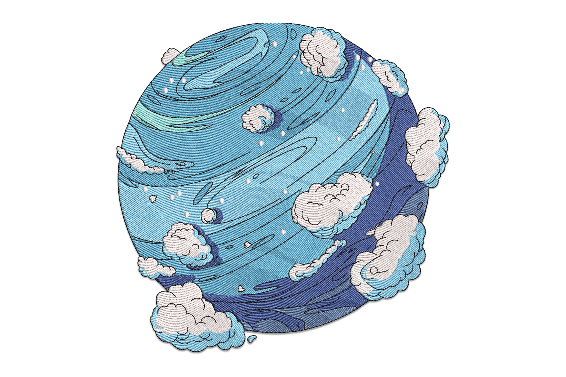 Abstract sky planet embroidery with blue cloud bands and white cloud clusters, 4 shades of blue, full sphere on white fabric.