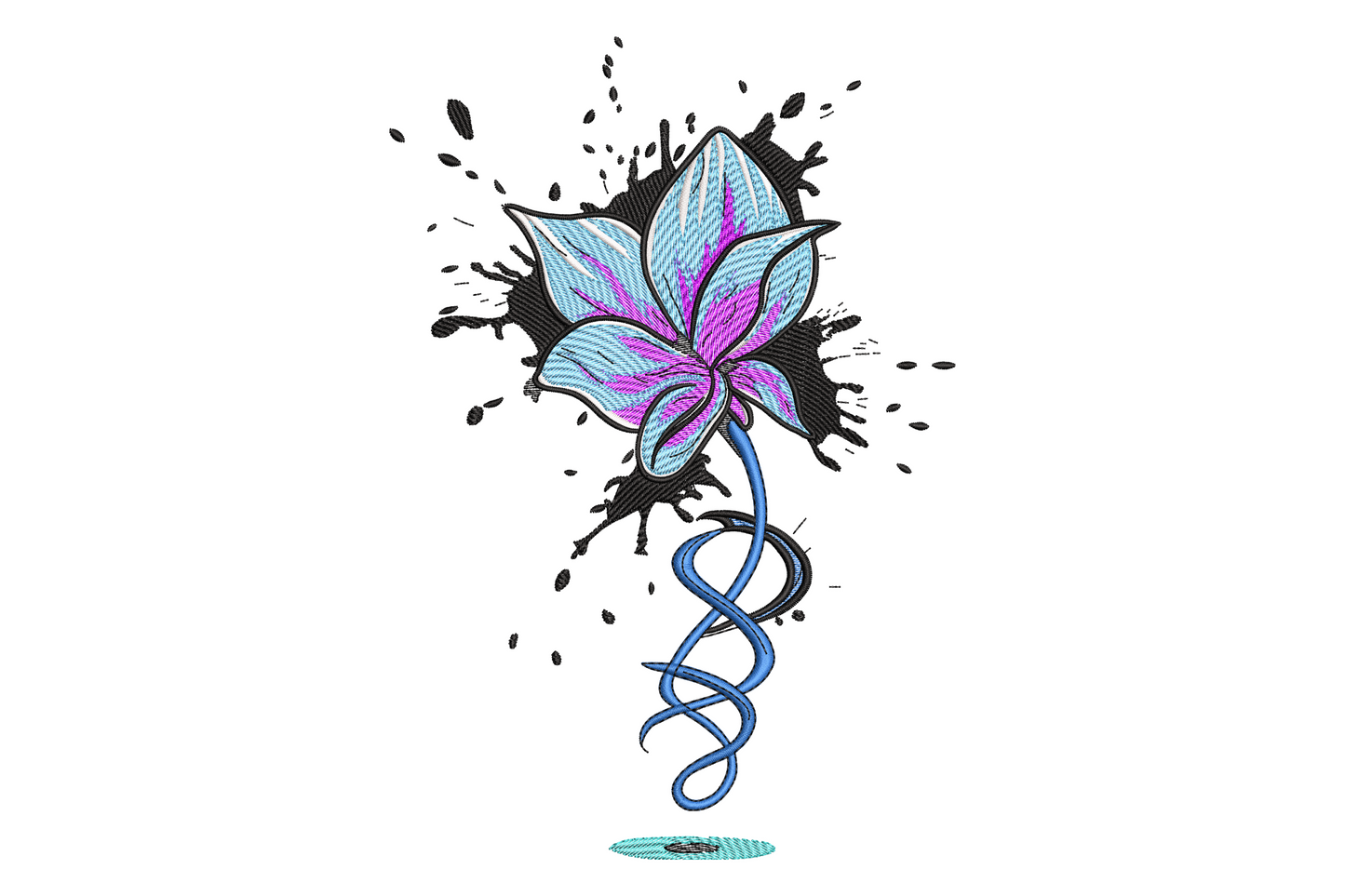 Abstract splash flower embroidery design in aqua, cobalt blue and purple petals bursting from a dark ink splash background