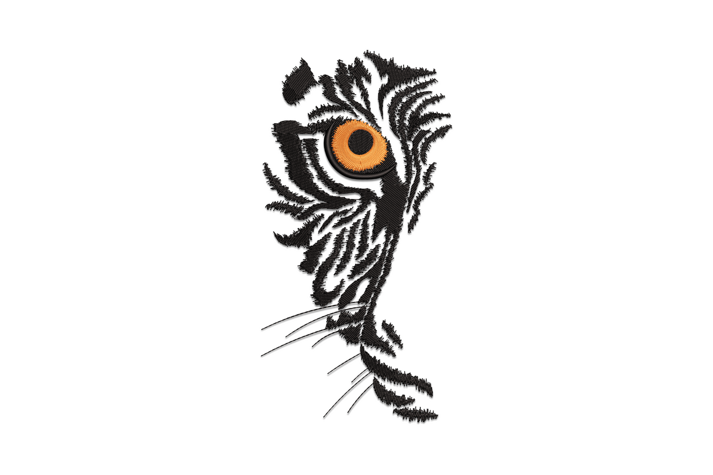 Abstract tiger eye embroidery design in amber and black with geometric satin wedges forming the iris and pupil on white background