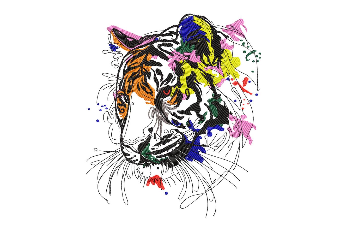Abstract tiger face embroidery with realistic orange-black striped face and hot pink cobalt blue paint splatter overlay on white ground.