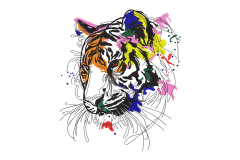 Abstract tiger face embroidery with realistic orange-black striped face and hot pink cobalt blue paint splatter overlay on white ground.