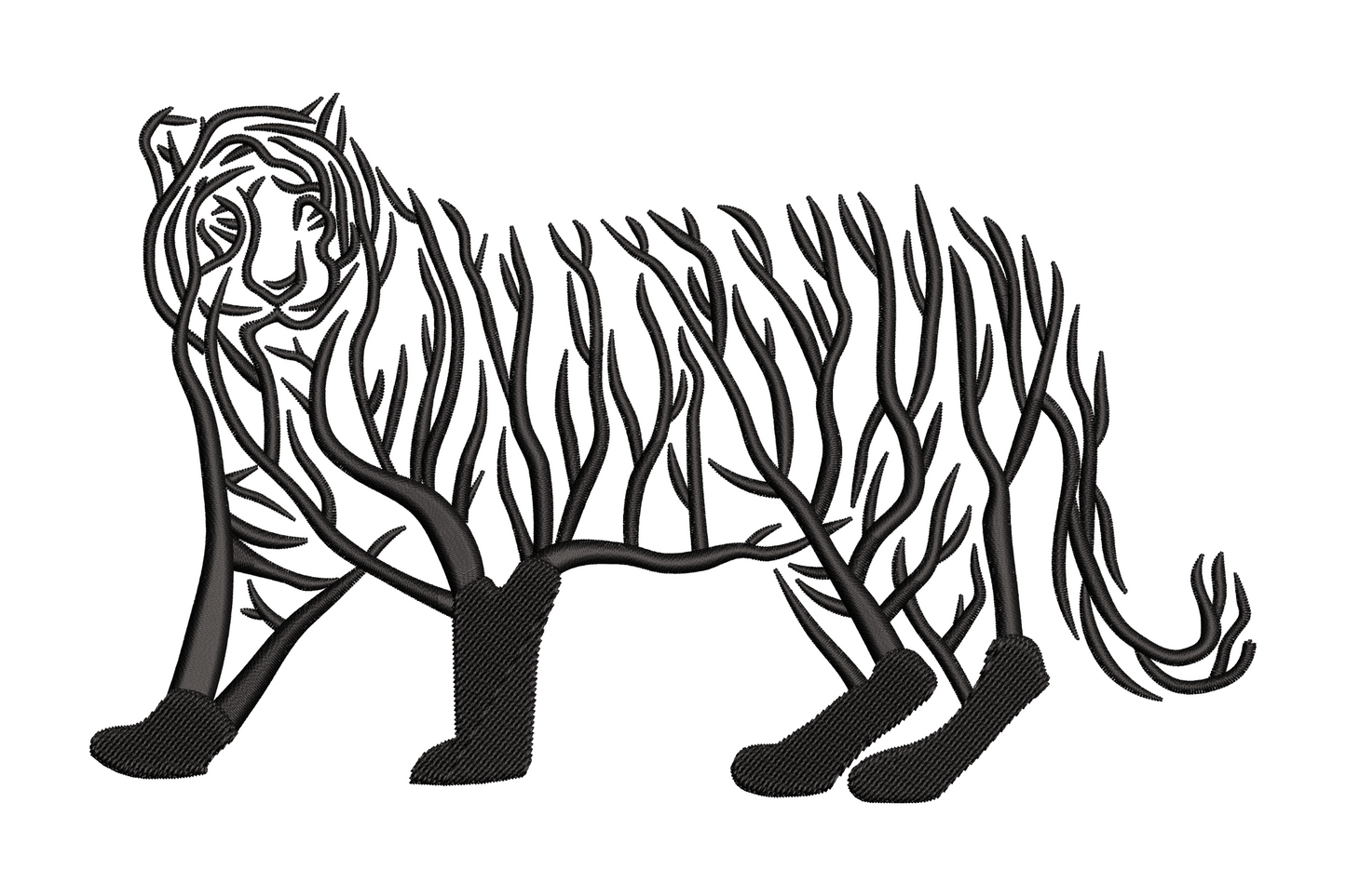 Abstract tiger face embroidery design in single black thread continuous line art style showing ears, brow ridges and whisker pads.
