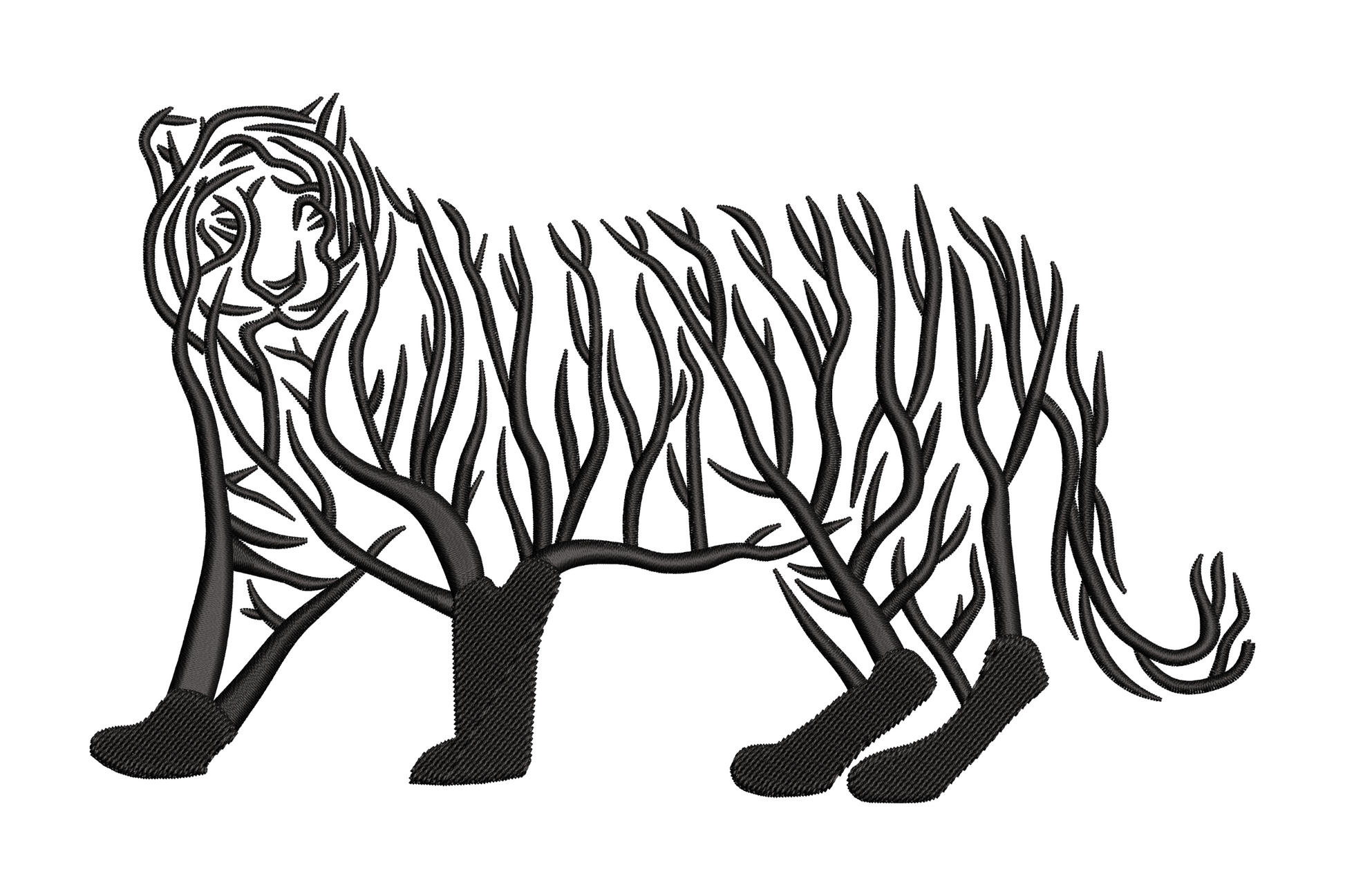 Abstract tiger face embroidery design in single black thread continuous line art style showing ears, brow ridges and whisker pads.