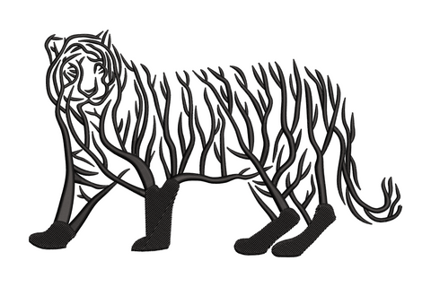 Abstract tiger face embroidery design in single black thread continuous line art style showing ears, brow ridges and whisker pads.
