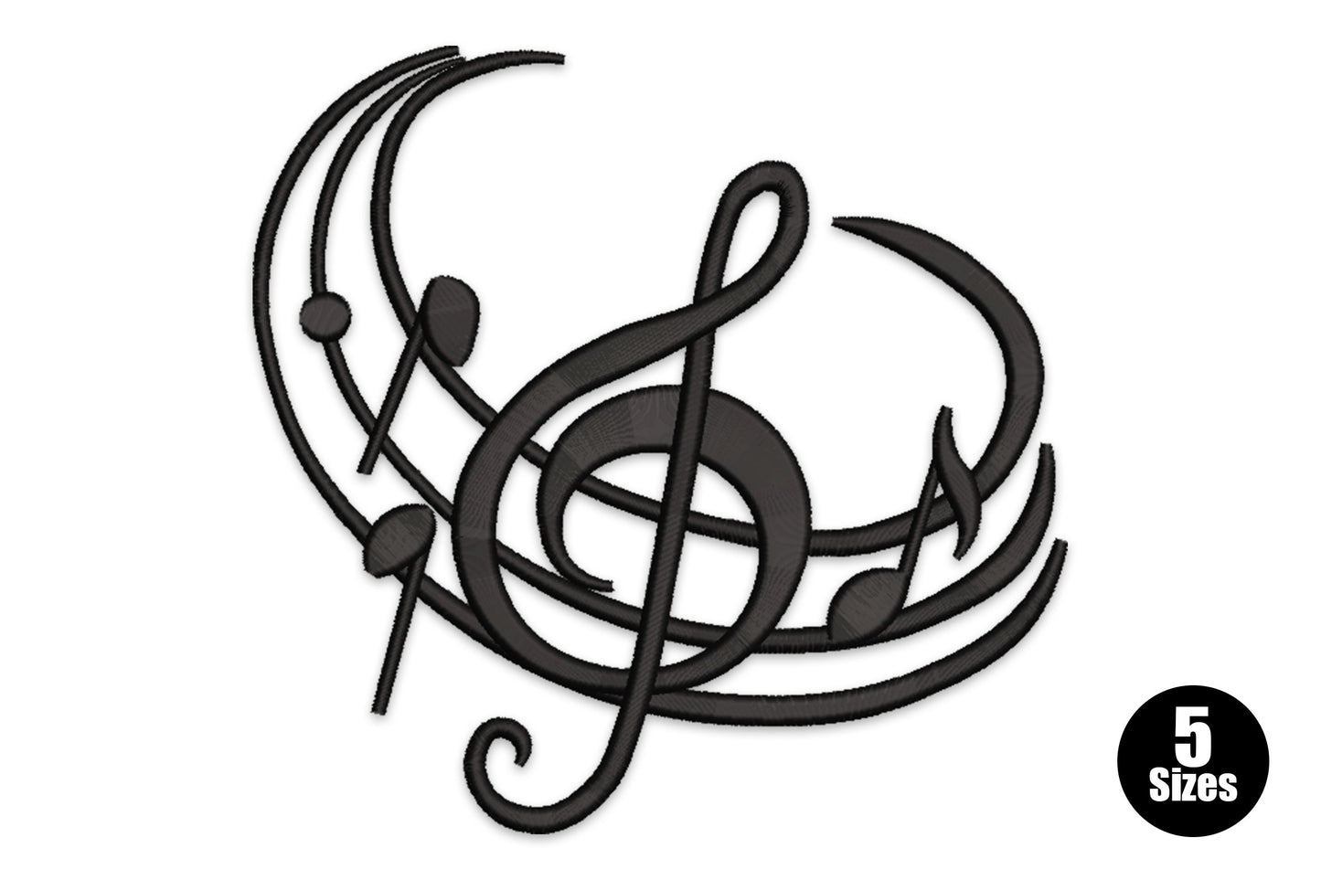 Abstract treble clef embroidery design with swirling staff arc lines and quarter notes in single black thread.