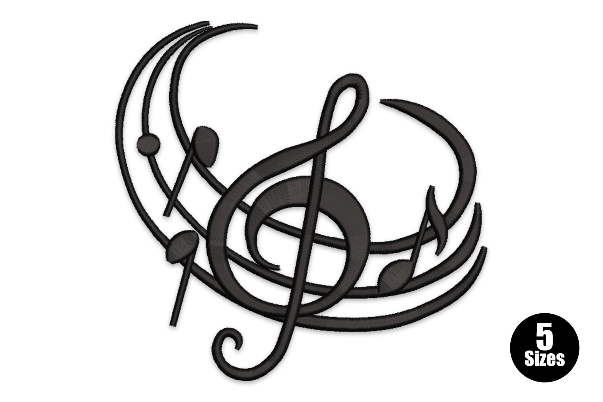 Abstract treble clef embroidery design with swirling staff arc lines and quarter notes in single black thread.
