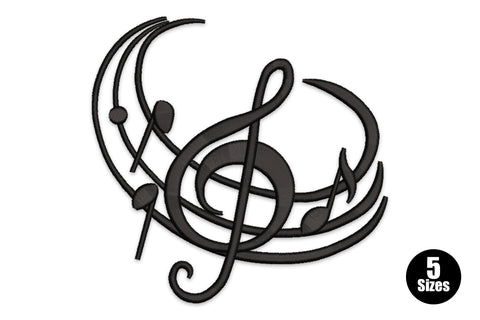 Abstract treble clef embroidery design with swirling staff arc lines and quarter notes in single black thread.