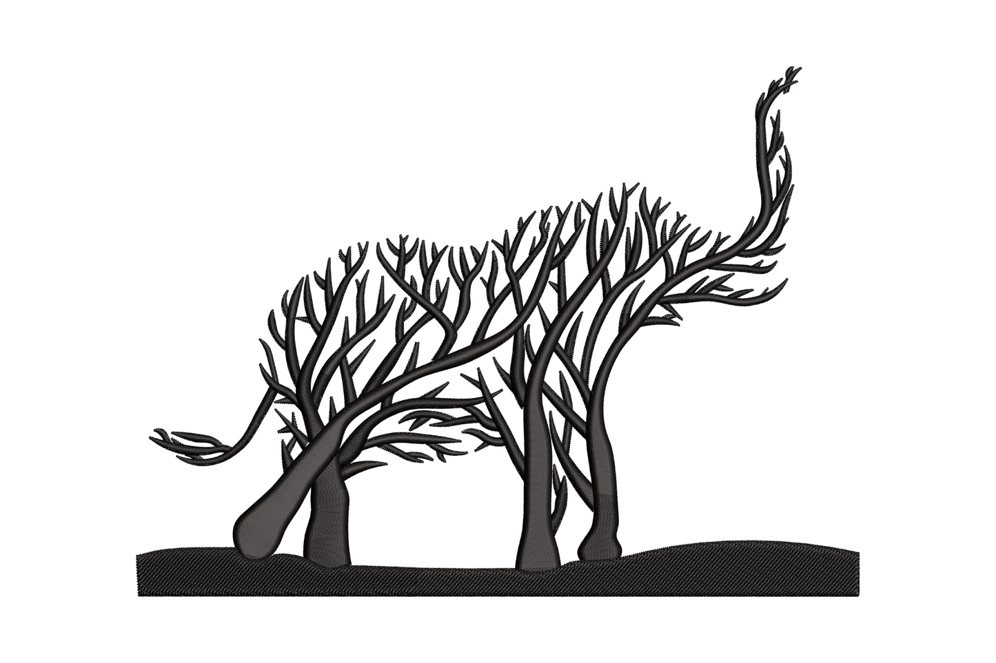 Abstract elephant line art embroidery design where the body silhouette is made of tree branch shapes in single black thread.