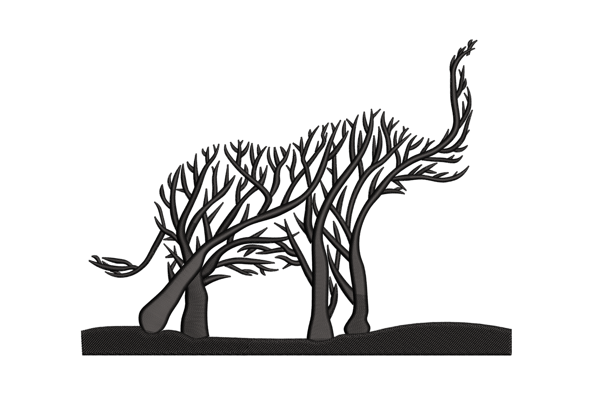 Abstract elephant line art embroidery design where the body silhouette is made of tree branch shapes in single black thread.