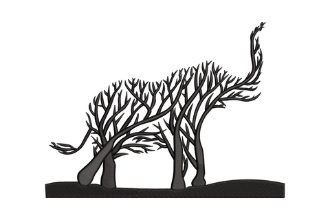 Abstract elephant line art embroidery design where the body silhouette is made of tree branch shapes in single black thread.
