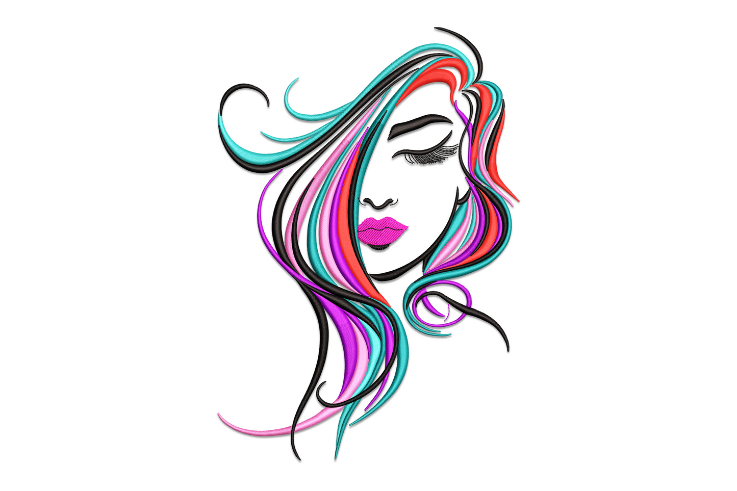 Abstract woman face embroidery design with flowing multicolour ribbon hair in teal, red, pink and purple