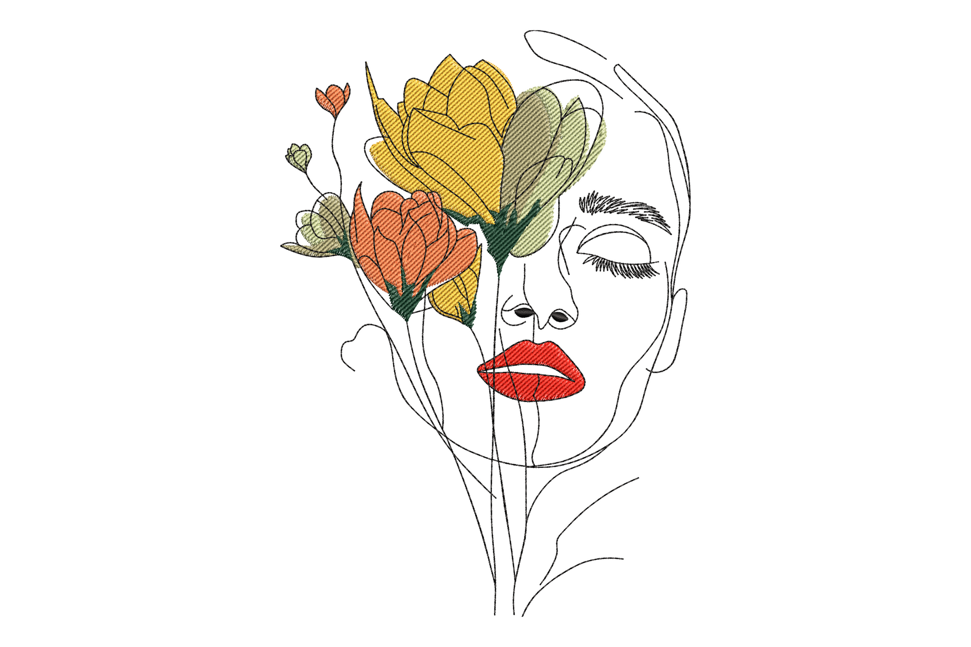 Abstract woman face embroidery design with single line art face and floral arrangement blooming from the hair in yellow, orange, and green
