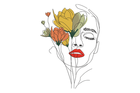 Abstract woman face embroidery design with single line art face and floral arrangement blooming from the hair in yellow, orange, and green