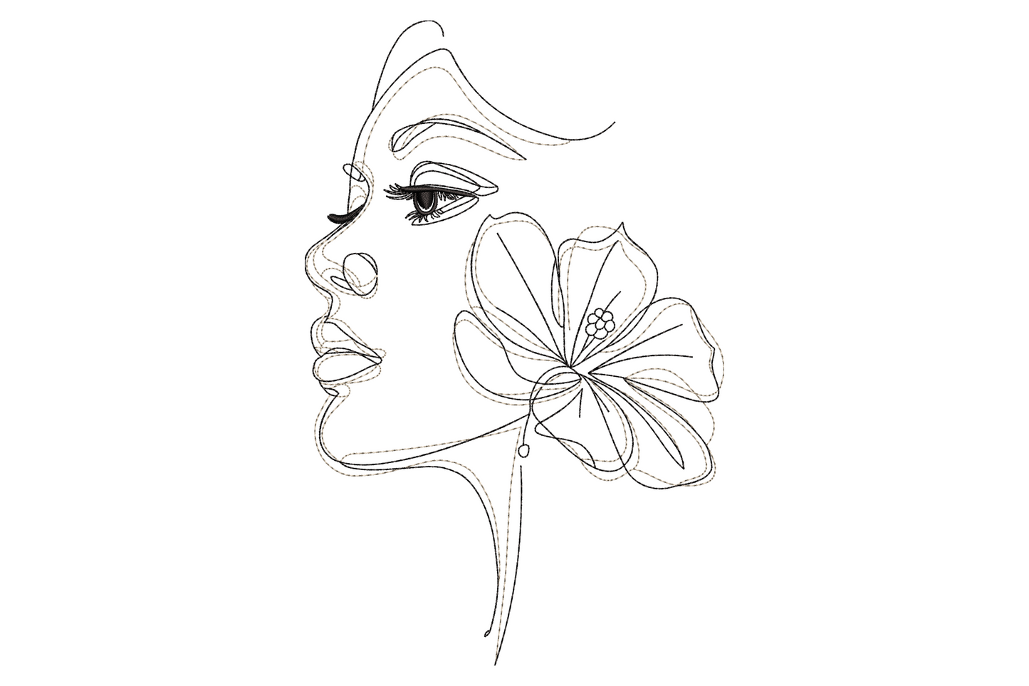 Abstract woman face floral embroidery design, continuous line-art female profile with open hibiscus flower at ear, dashed running stitch in black.