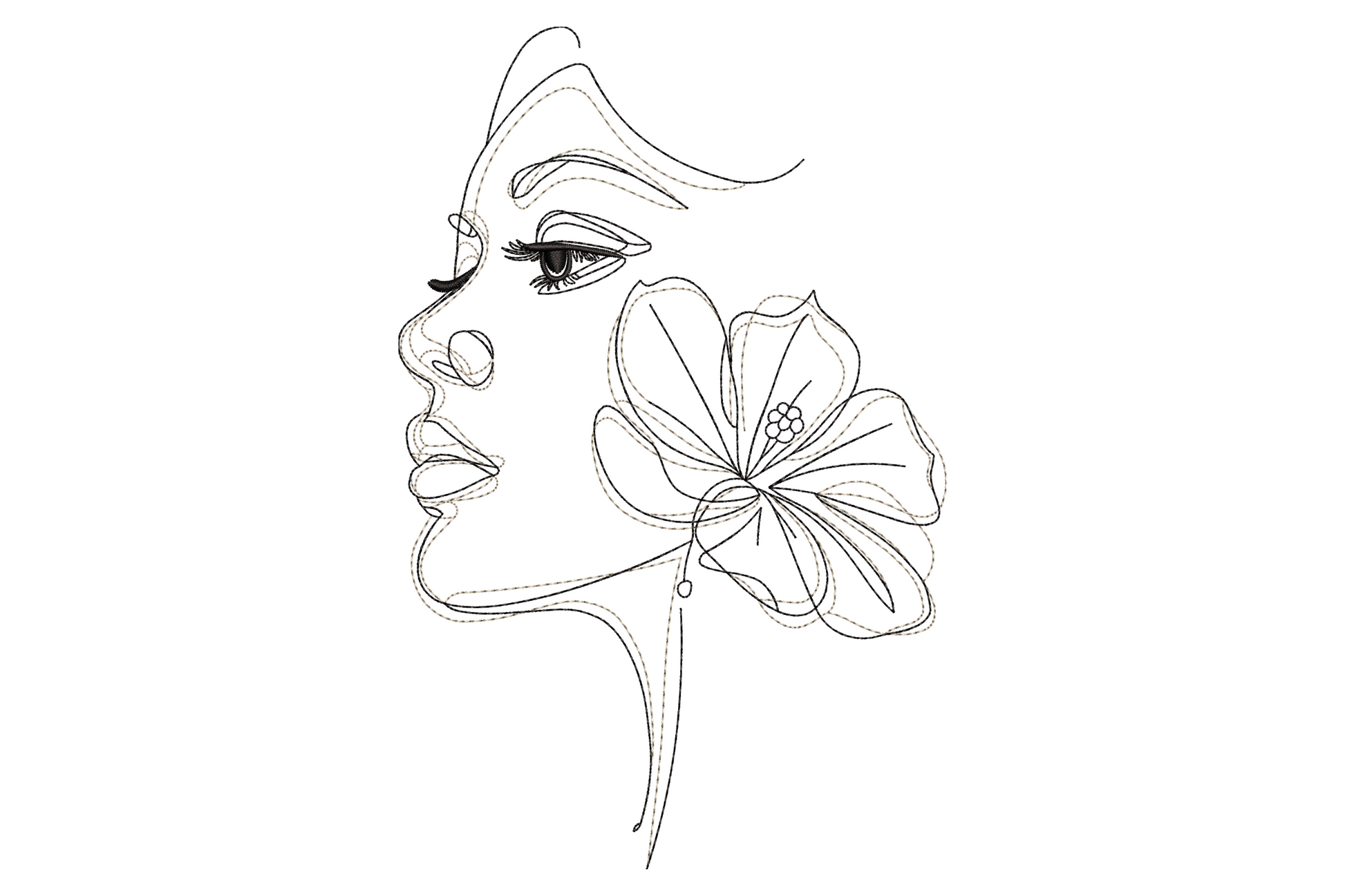 Abstract woman face floral embroidery design, continuous line-art female profile with open hibiscus flower at ear, dashed running stitch in black.