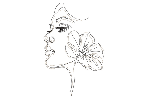Abstract woman face floral embroidery design, continuous line-art female profile with open hibiscus flower at ear, dashed running stitch in black.