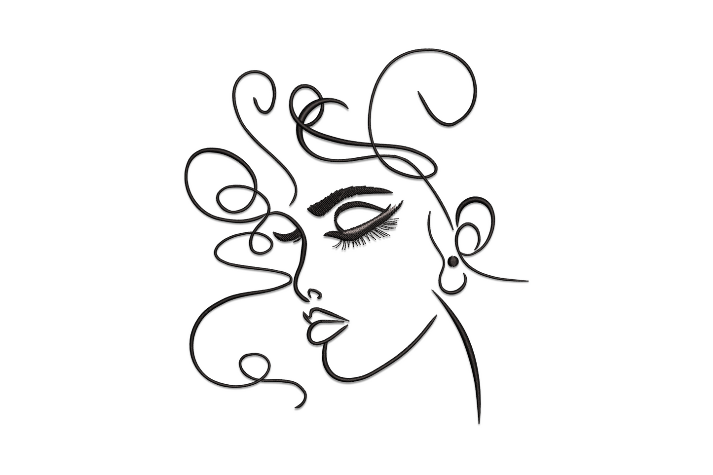 Abstract woman face line art embroidery design, single continuous line profile with swirling hair, bold lashes, 2 colours black and grey.