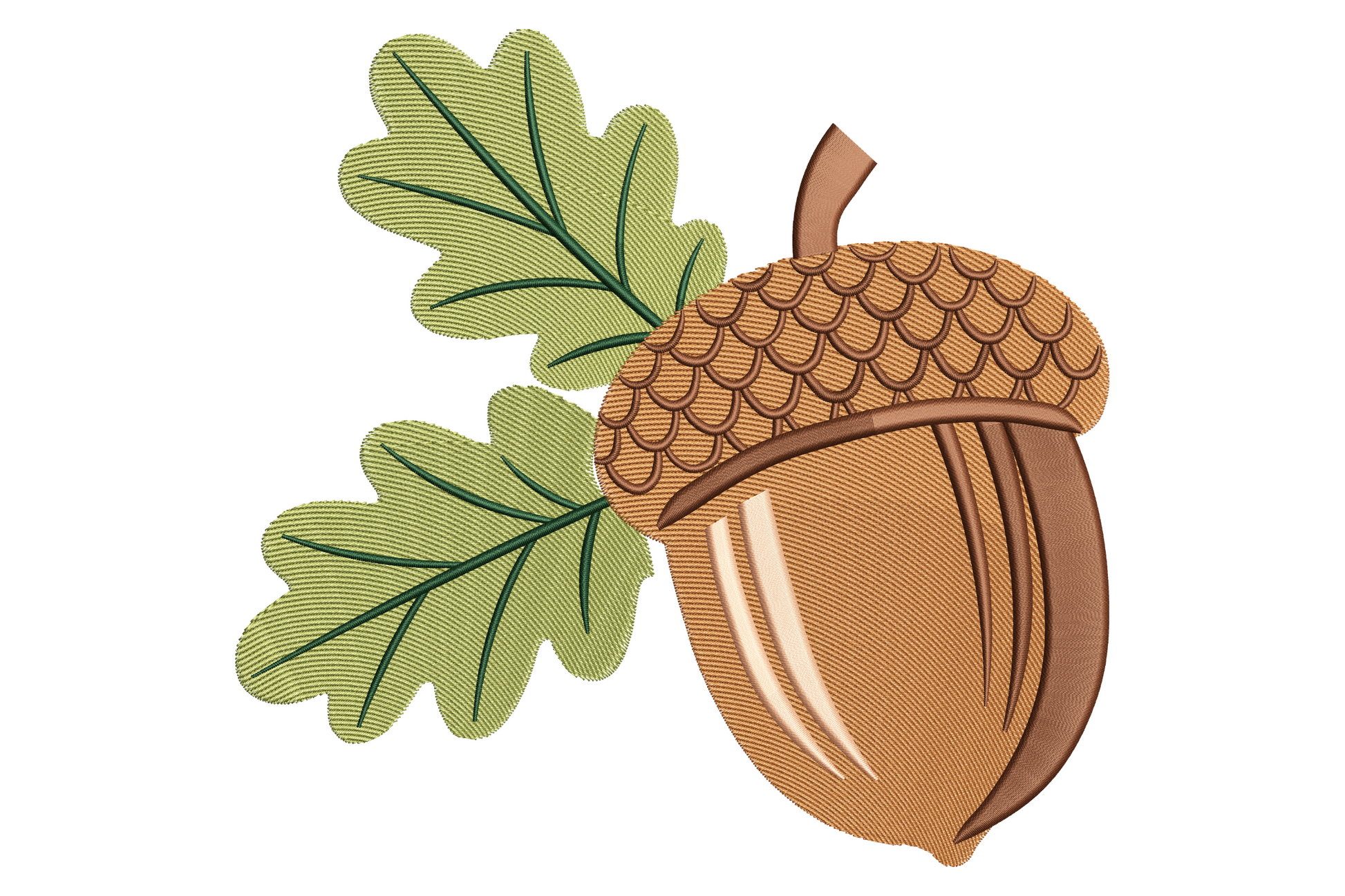 Acorn and oak leaves embroidery design with sage green leaves, dark vein lines and a warm brown scaled acorn cap on a tan body