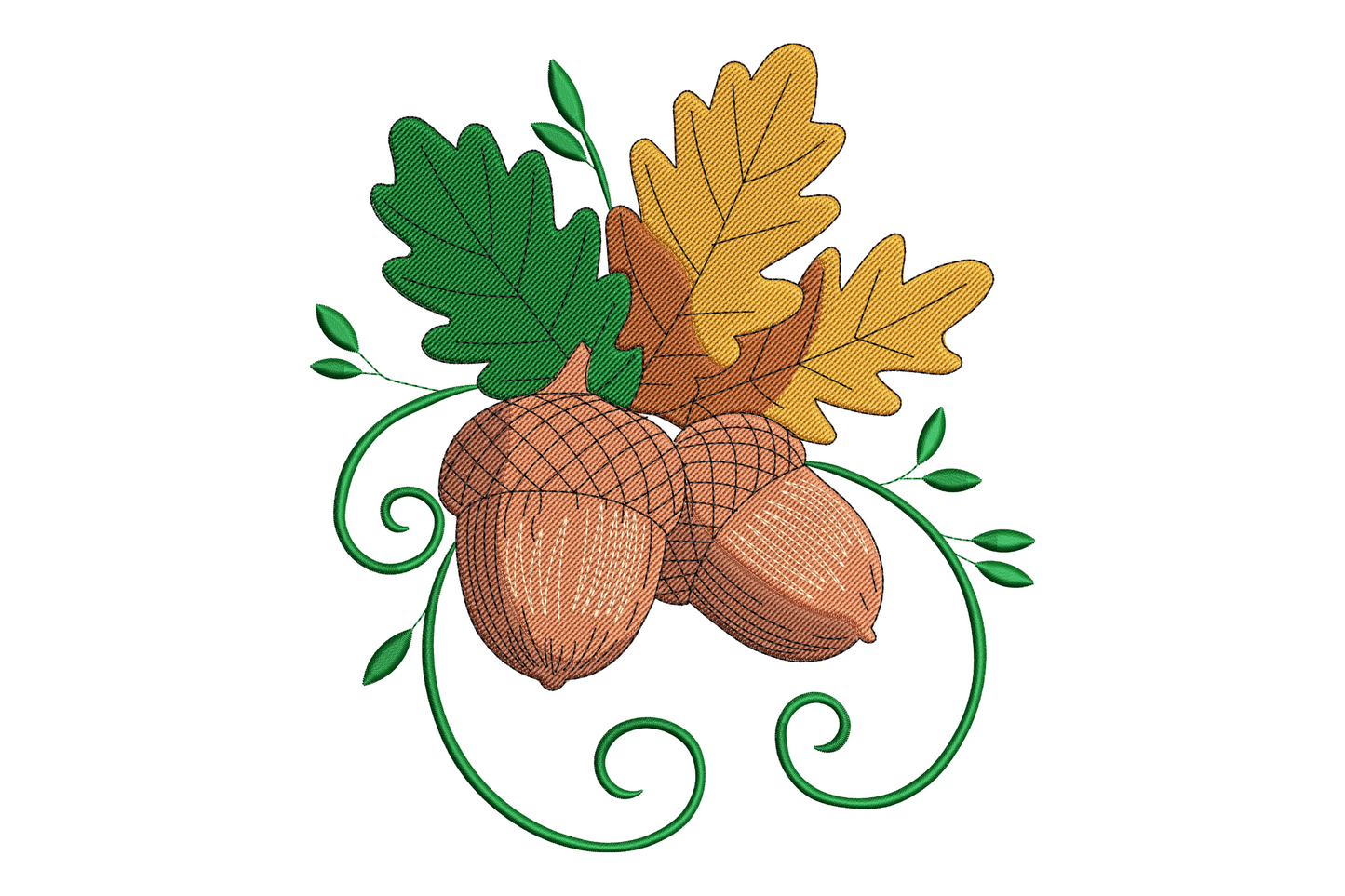 Acorn and oak leaves embroidery, three brown acorns with cross-hatch caps clustered with golden yellow and forest green oak leaves and green vine scrolls