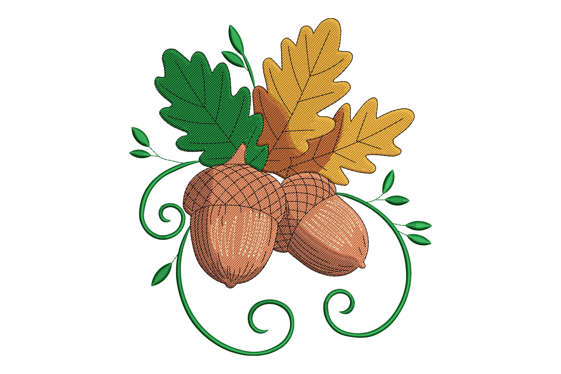 Acorn and oak leaves embroidery, three brown acorns with cross-hatch caps clustered with golden yellow and forest green oak leaves and green vine scrolls