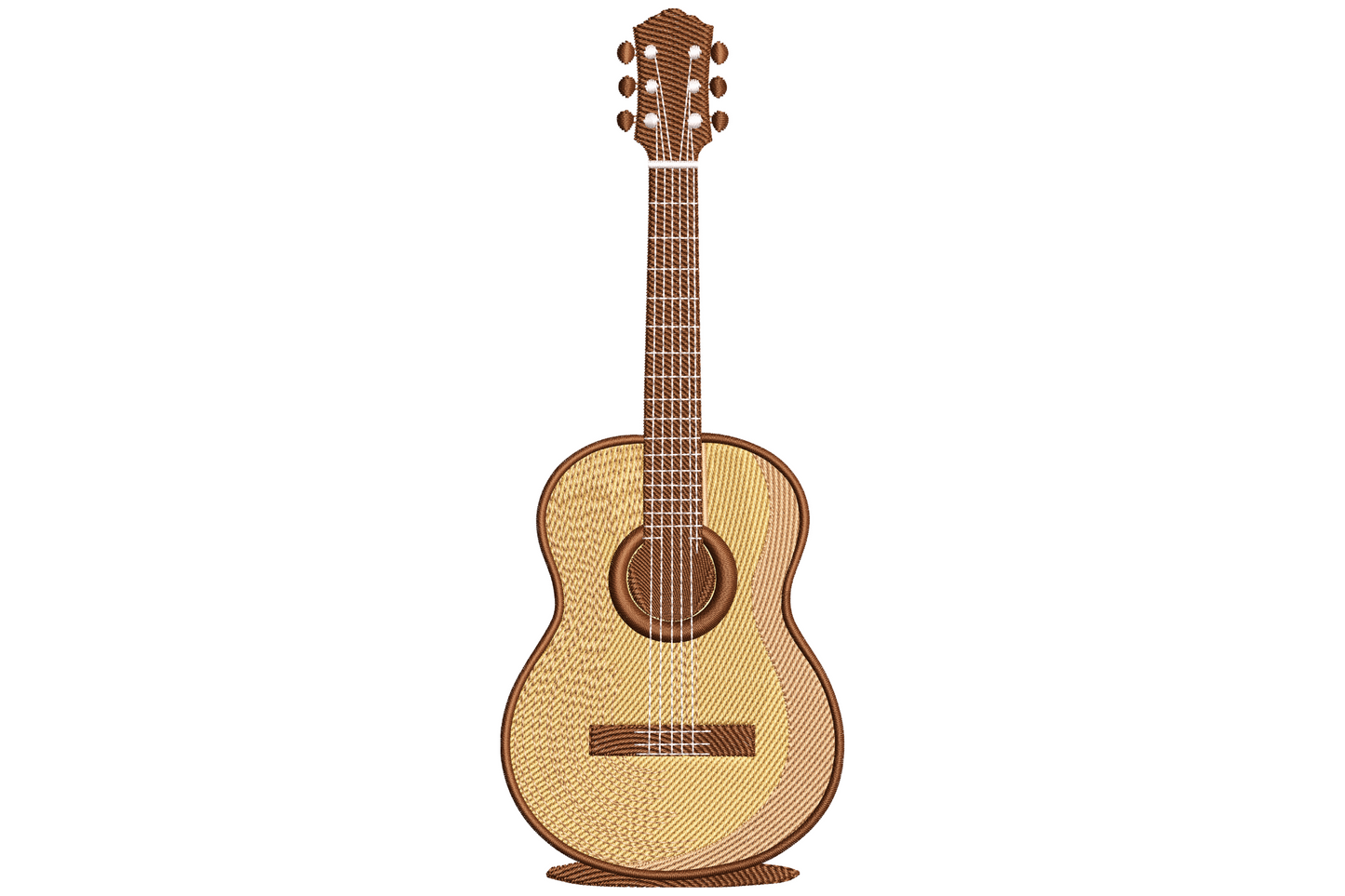 Full-body acoustic guitar standing upright in warm honey wood tones with walnut headstock and pale maple soundboard, realistic vertical music lover embroidery design.