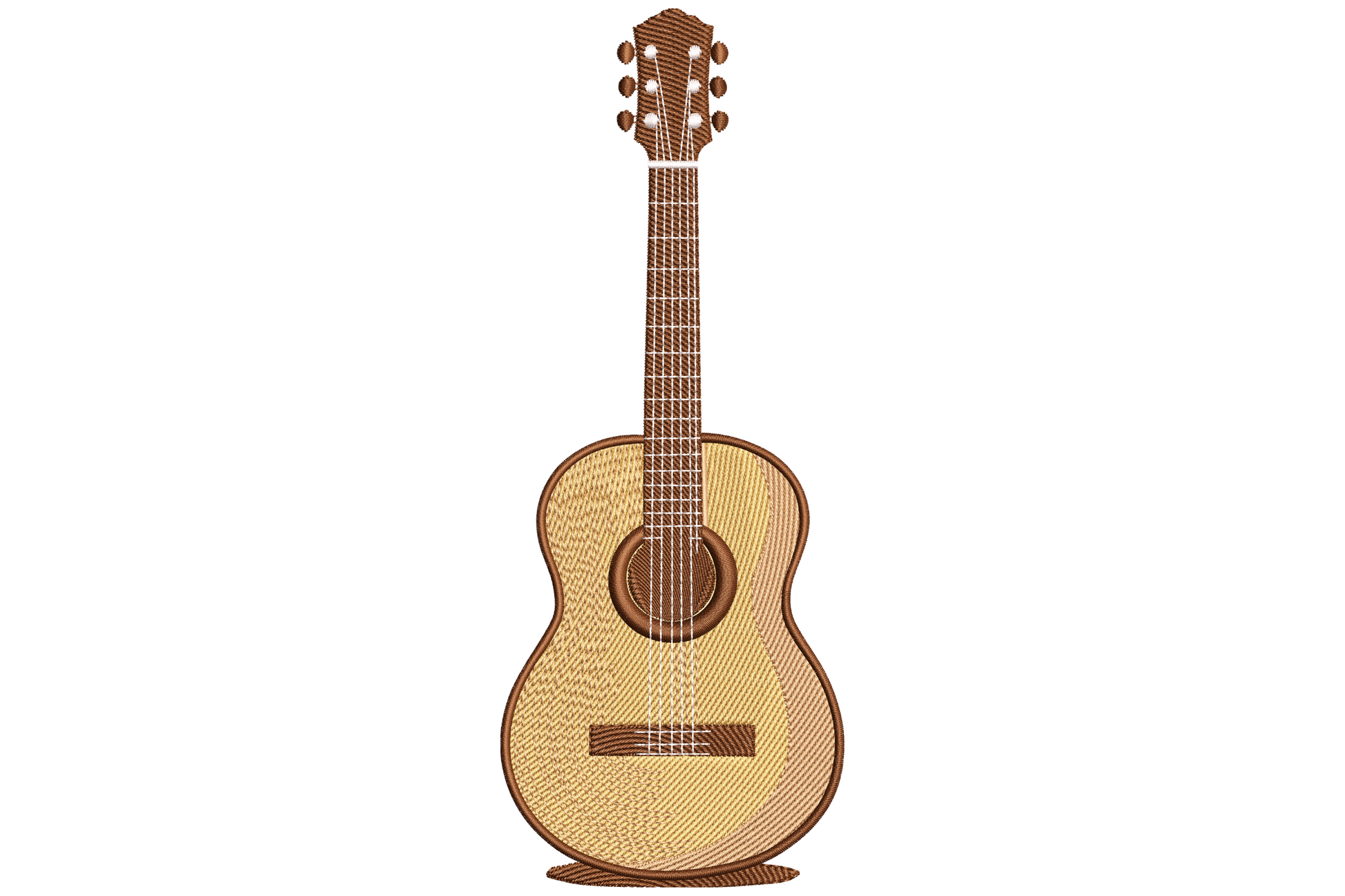 Full-body acoustic guitar standing upright in warm honey wood tones with walnut headstock and pale maple soundboard, realistic vertical music lover embroidery design.