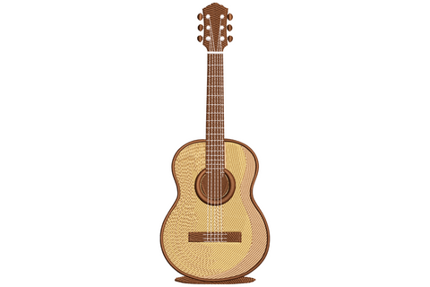 Full-body acoustic guitar standing upright in warm honey wood tones with walnut headstock and pale maple soundboard, realistic vertical music lover embroidery design.