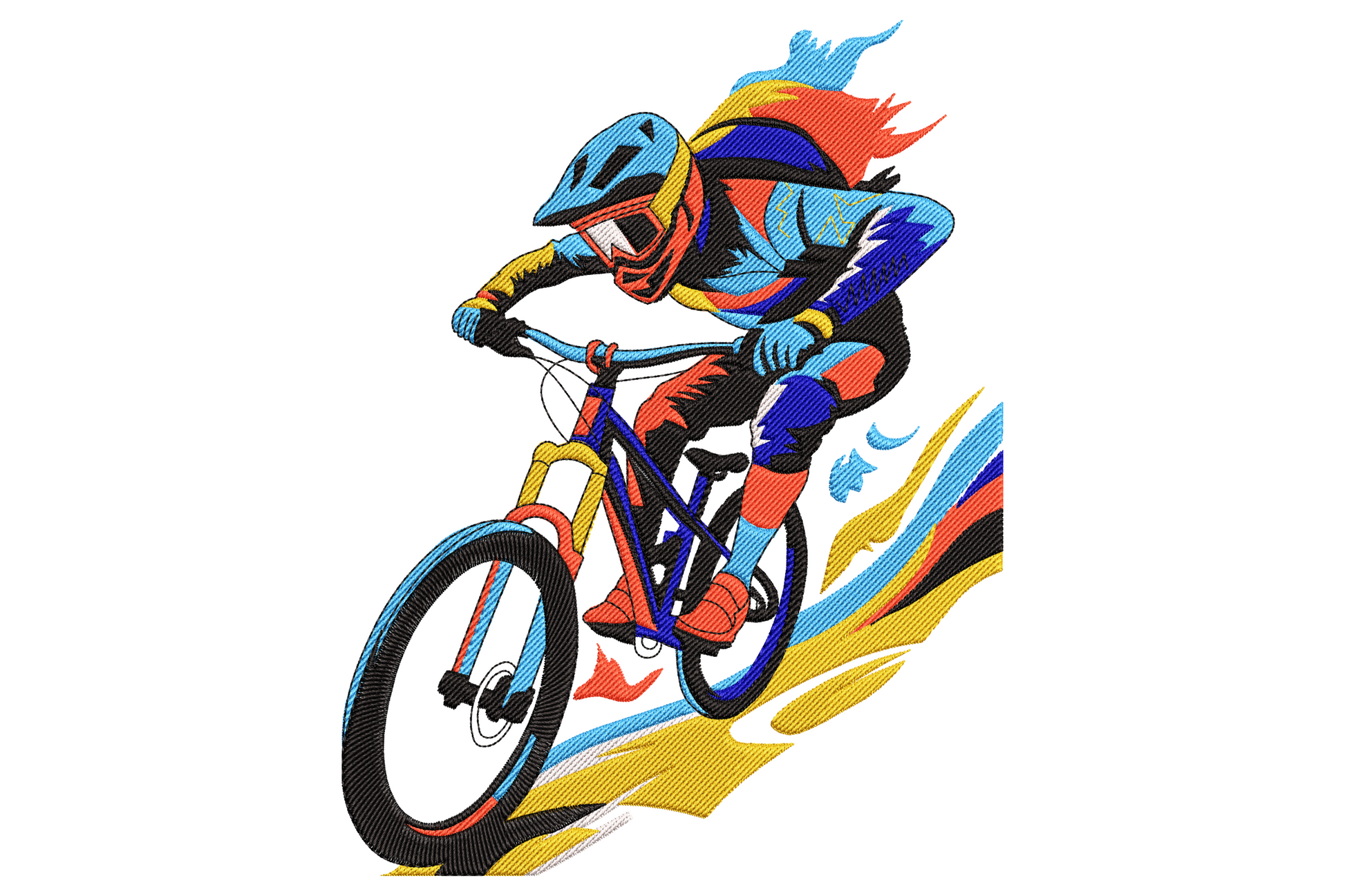 Mountain bike rider embroidery in full helmet and goggles leaning over handlebars with blue red yellow speed trail trailing the back wheel