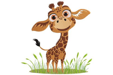 Cartoon baby giraffe embroidery with big orange eyes, brown spots, wide smile and green grass tufts at base on cream and tan palette.