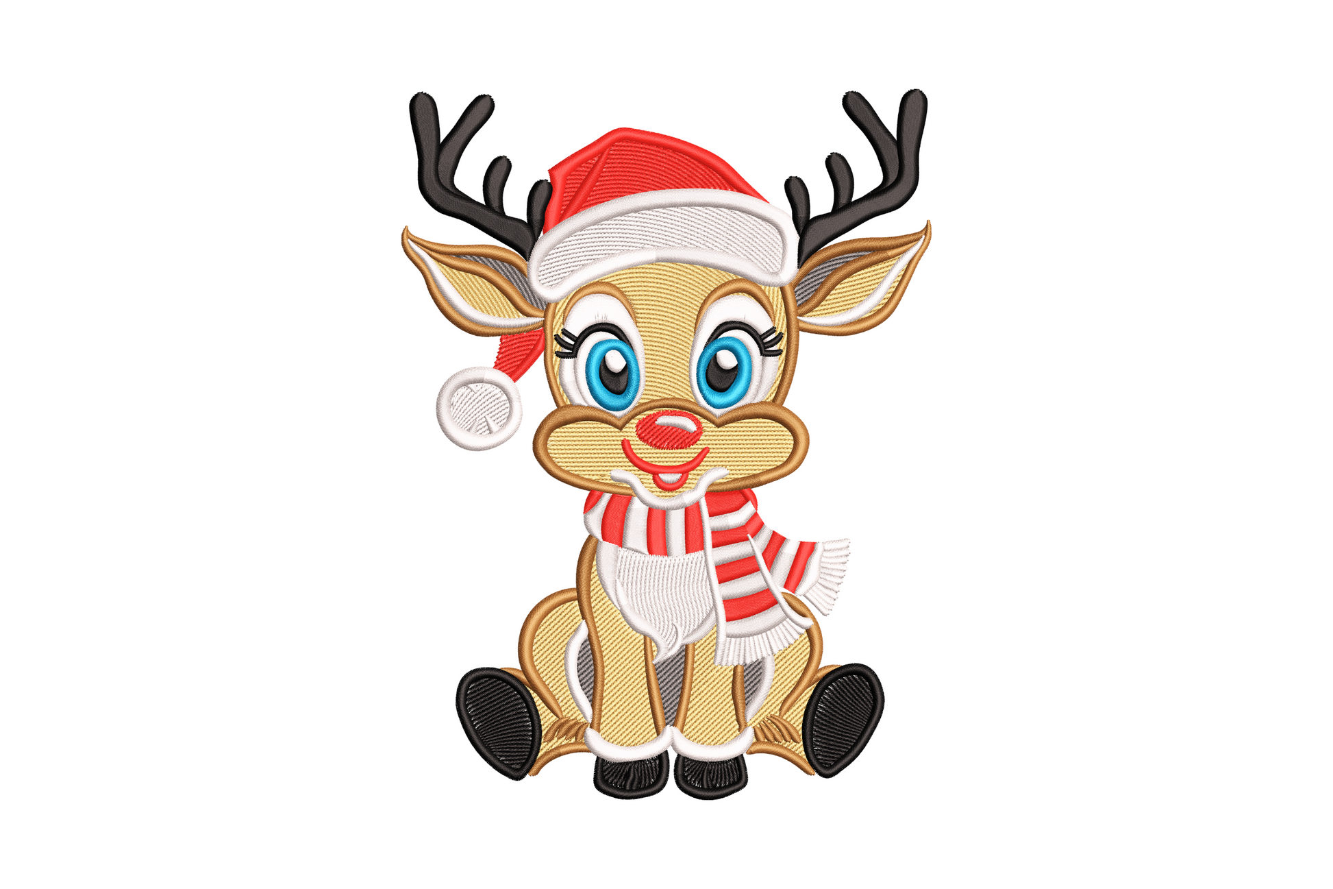 Machine embroidery of a sitting baby reindeer with big blue eyes, Santa hat, red-white striped scarf, and rosy nose, Christmas nursery design