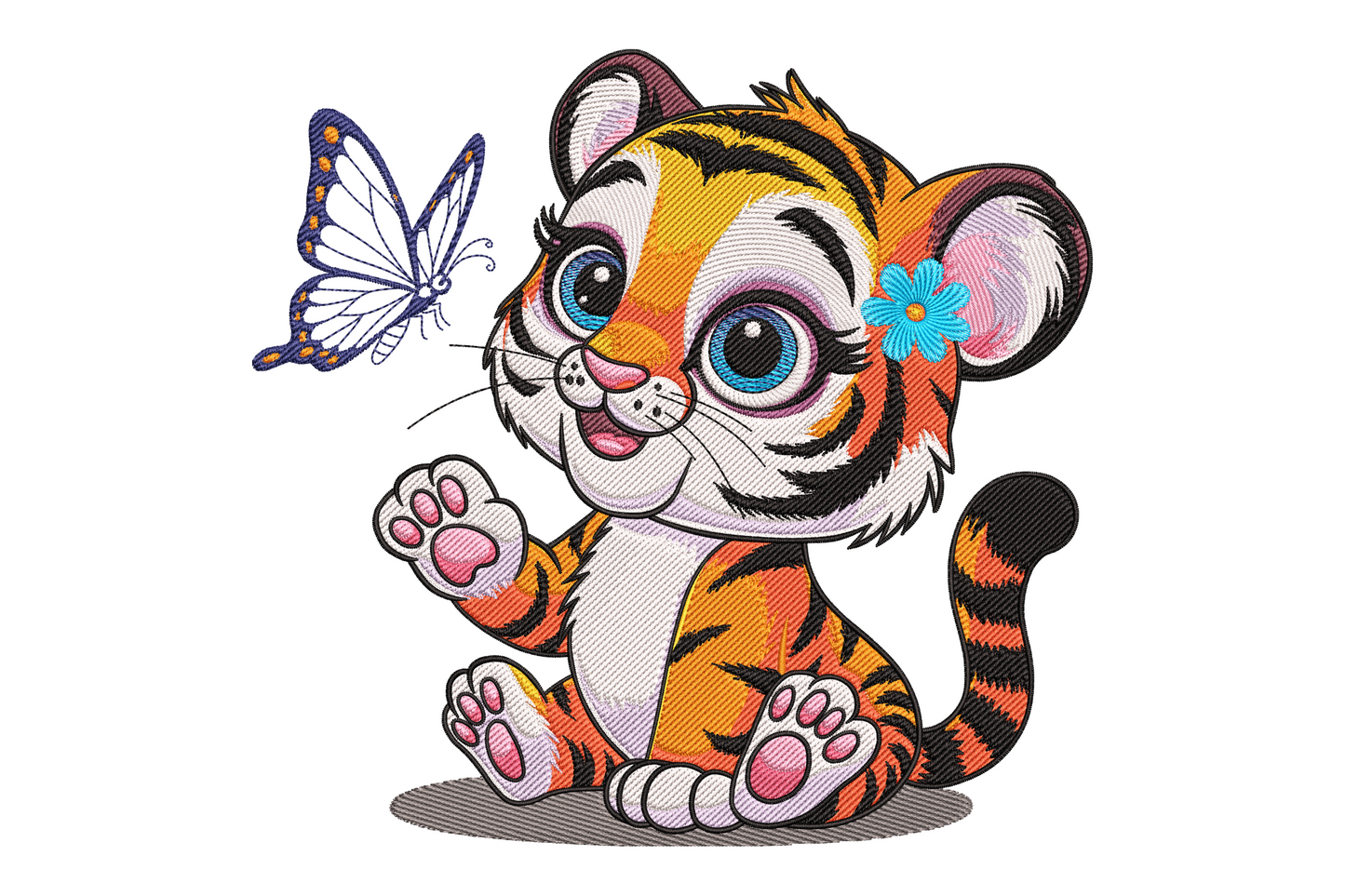 Baby tiger embroidery design, cartoon cub with big blue eyes, orange black stripes, pink paw pads, blue butterfly upper left.